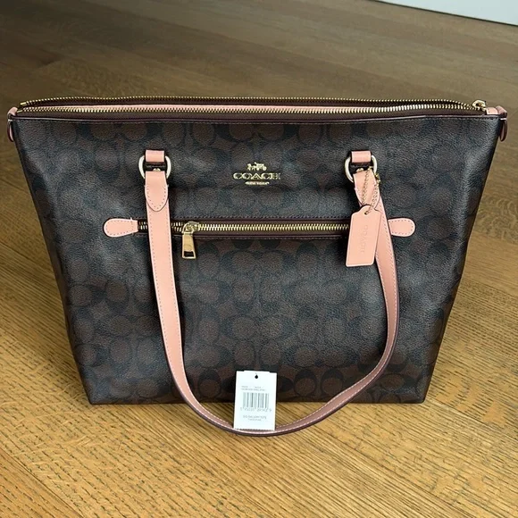 Coach Signature Gallery Tote Brown with Pink Handles - Picture 1 of 12